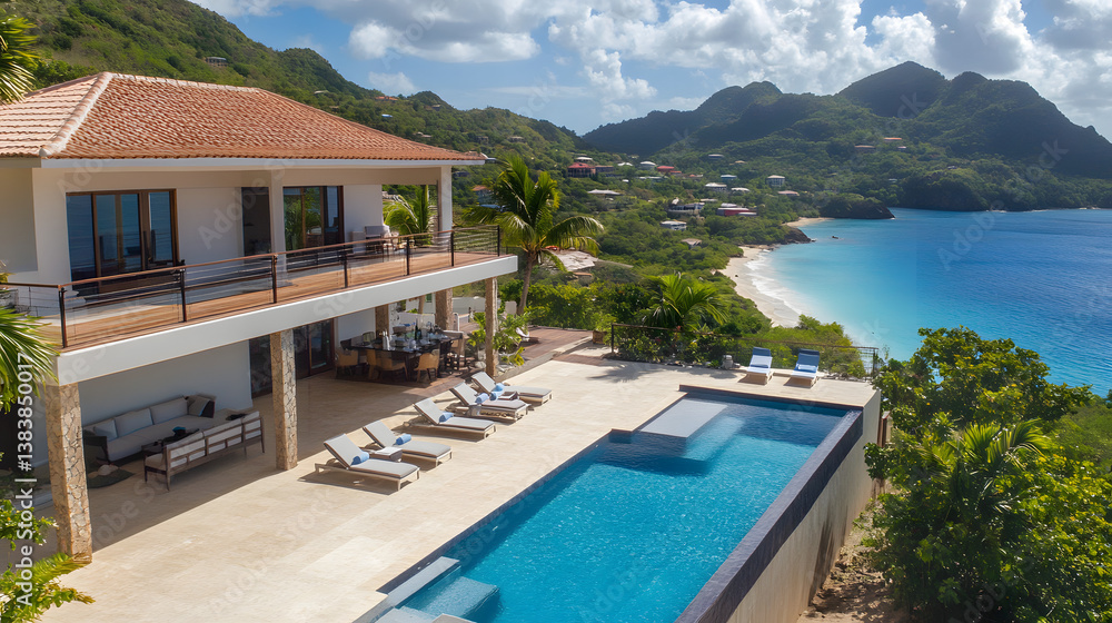 Fototapeta premium A spacious and modern beachfront villa with unobstructed views of the ocean, an infinity pool, and a large terrace perfect for outdoor dining and relaxation.