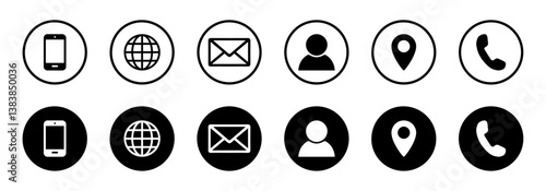 Set of black and white contact icons including phone, email, location, user, and web symbols. Ideal for websites, apps, business cards, and digital communication. Vector illustration. Icons, vector.