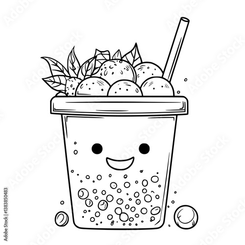 Bubble tea with smiling face coloring book vector art, Bubble tea with smiling face vector illustration