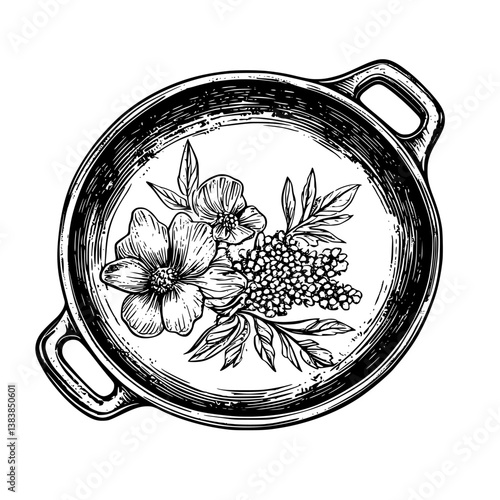 Cast iron pan coloring book vector art, Cast iron pan vector illustration