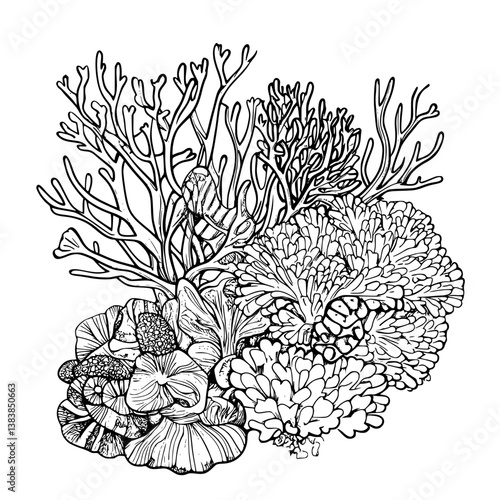 Coral coloring book vector art, Coral vector illustration
