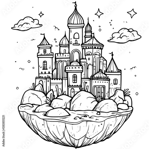 Floating island coloring book vector art, Floating island vector illustration