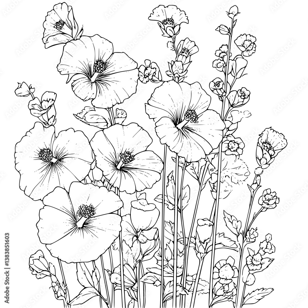 Fototapeta premium Hollyhock coloring book vector design, Hollyhock vector illustration