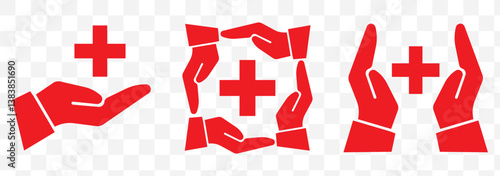 medical cross in hand; medical helping symbol; line black icon on Transparent background. EPS 10.