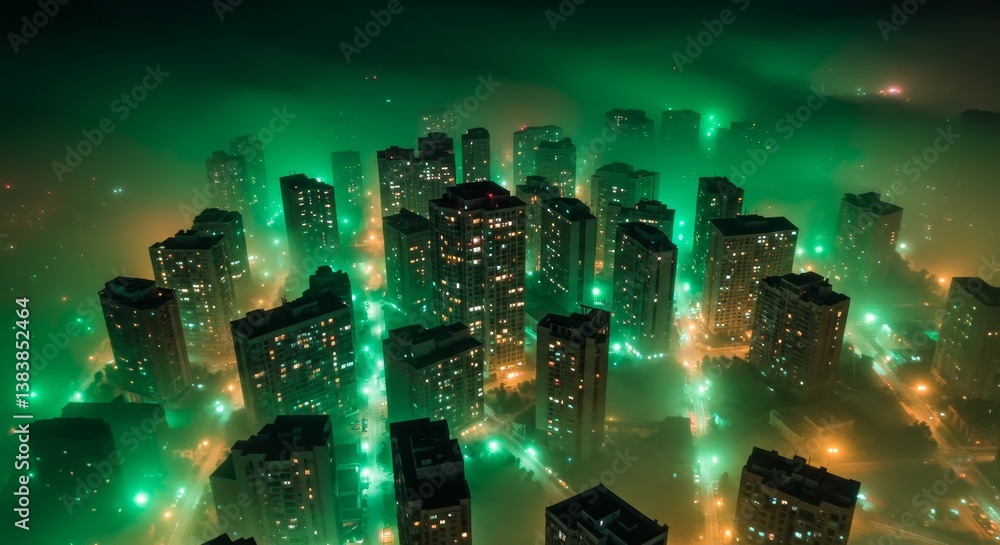 Naklejka premium Emerald City Nightscape - Aerial view of a city shrouded in green fog at night, with illuminated buildings and streets