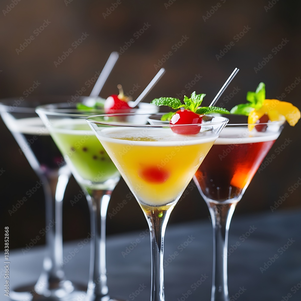 Colorful Cocktails Garnished with Cherries and Mint