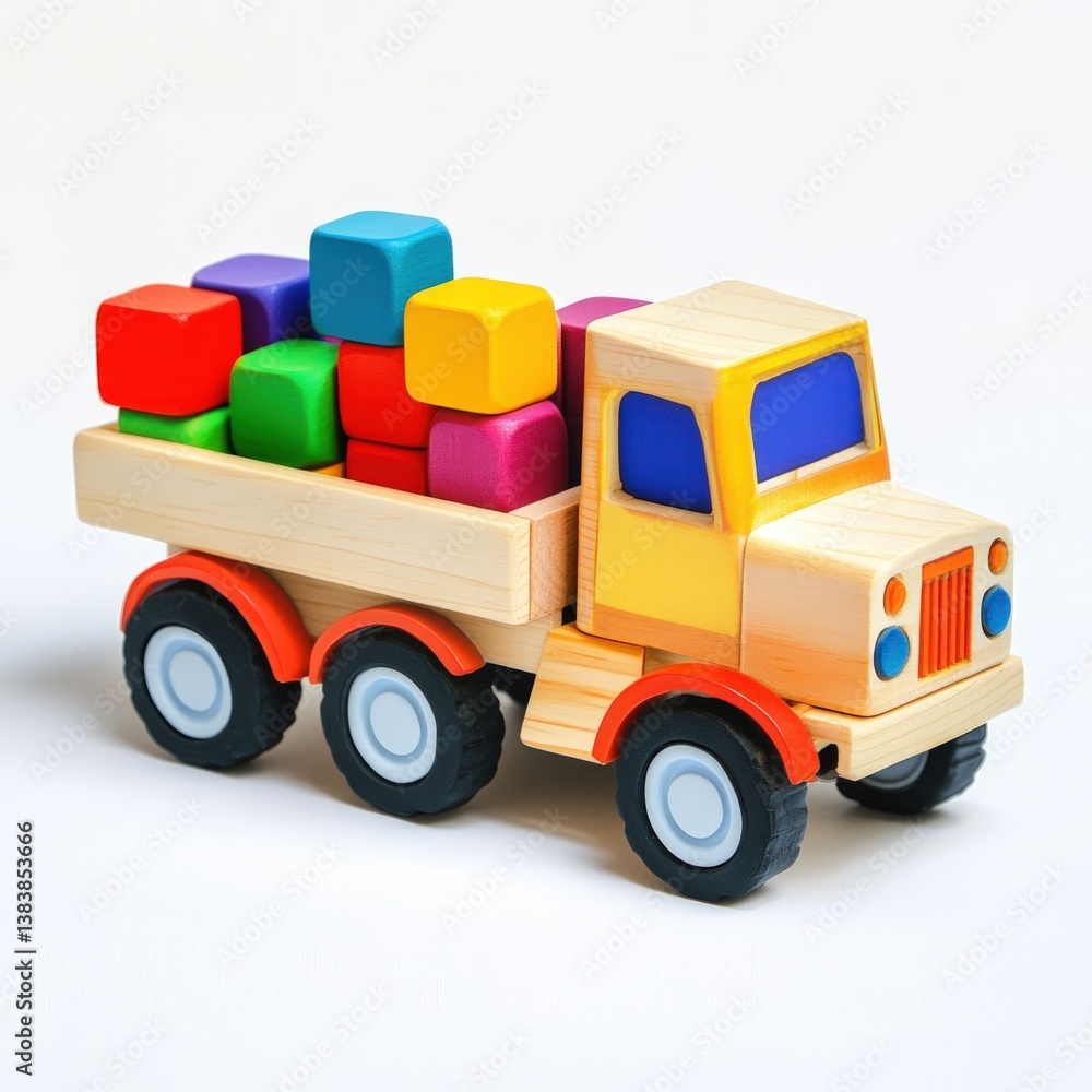 Wooden toy truck with bright colored blocks on pure white background Wooden toy truck with bright colored blocks on pure white background