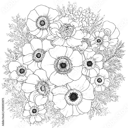 Anemone coloring book vector design, Anemone illustration art