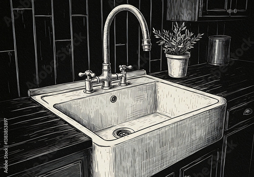 Vintage kitchen sink with faucet and plant illustration design idea