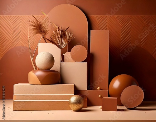 composition  moodboard of o geometric objects  color mocha pantone 25 