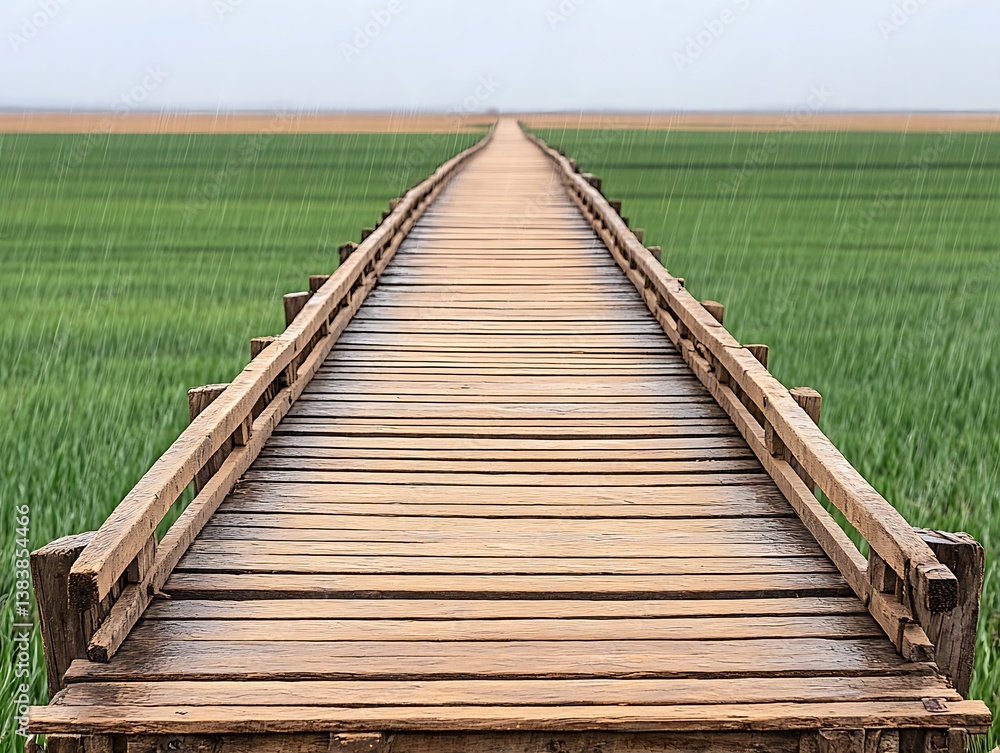 Obraz premium Wooden Pathway Through Green Fields Under Rain