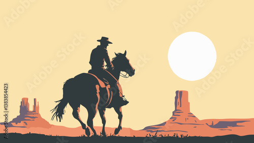 Vintage Cowboy Riding into the Sunset – Western Desert Silhouette Illustration

