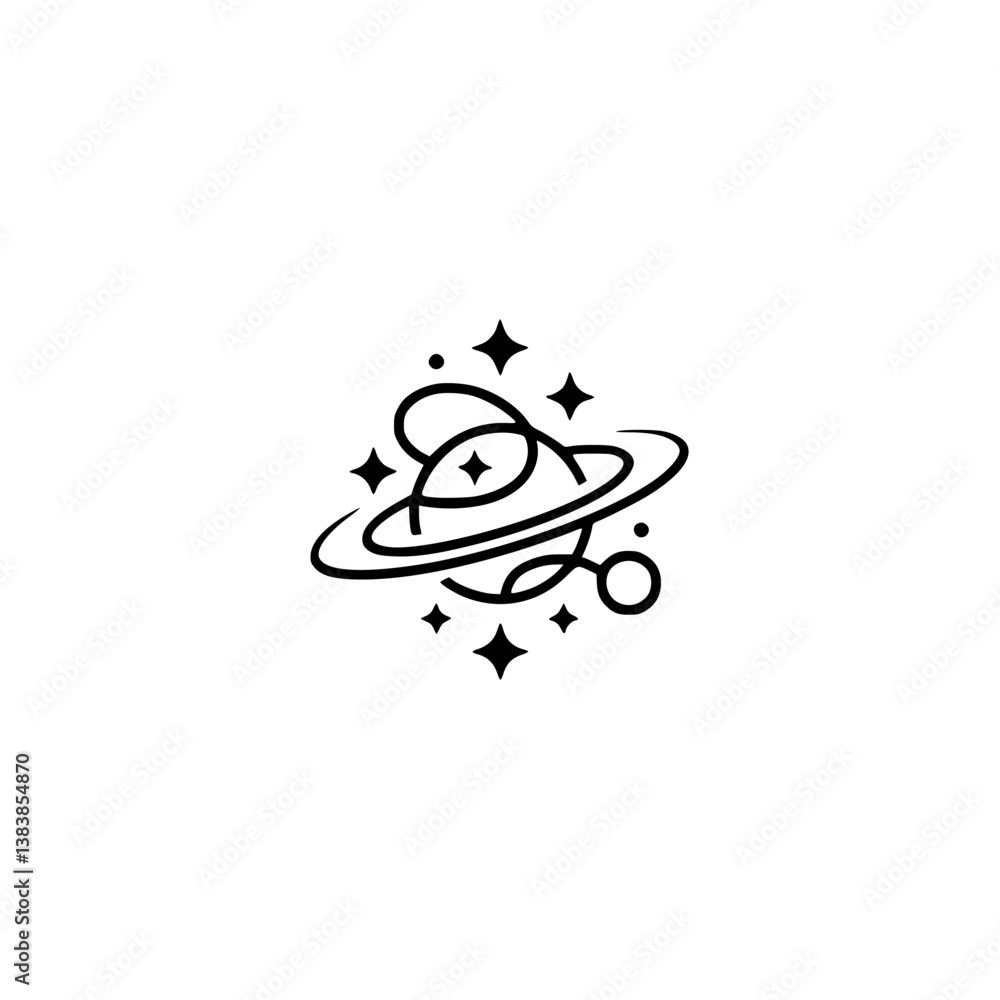 Minimalist Abstract Space Logo: Swirls, Stars, Planet Icon on White Minimalist Abstract Space Logo: Swirls, Stars, Planet Icon on White
