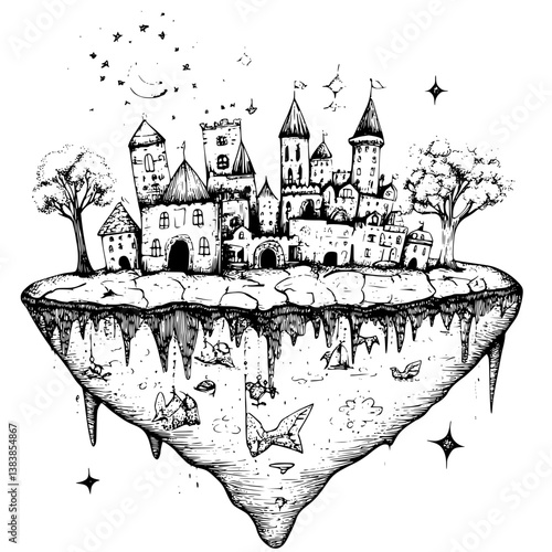 Floating island coloring book vector art, Floating island illustration art