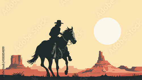 Vintage Cowboy Riding into the Sunset – Western Desert Silhouette Illustration

