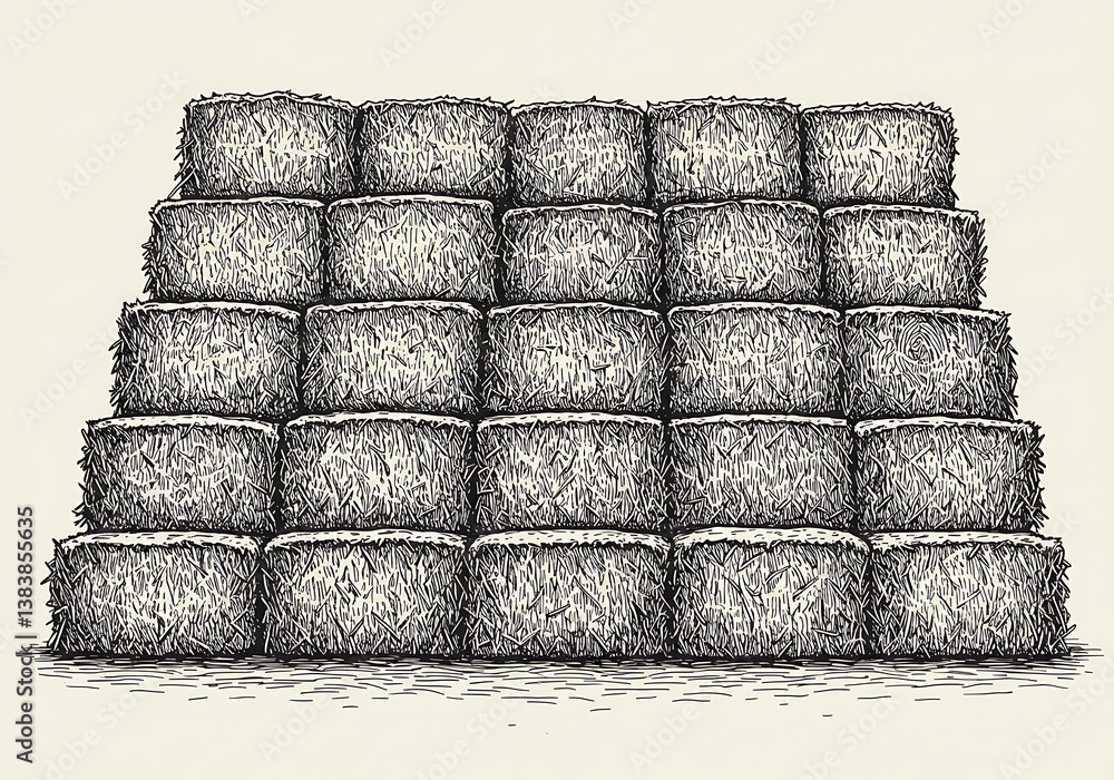 Fototapeta premium Hay bales stacked illustration farm harvest agriculture drawing art