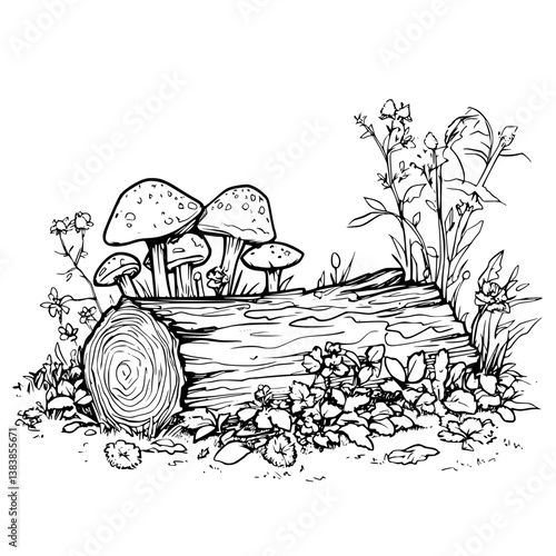 Mossy log coloring book vector art, Mossy log illustration art