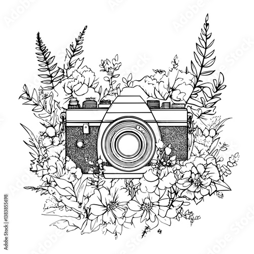 Old camera coloring book vector art, Old camera illustration art