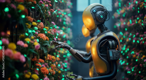 Wallpaper Mural Robots tending neon-lit flower garden with colorful blooms in futuristic setting Torontodigital.ca