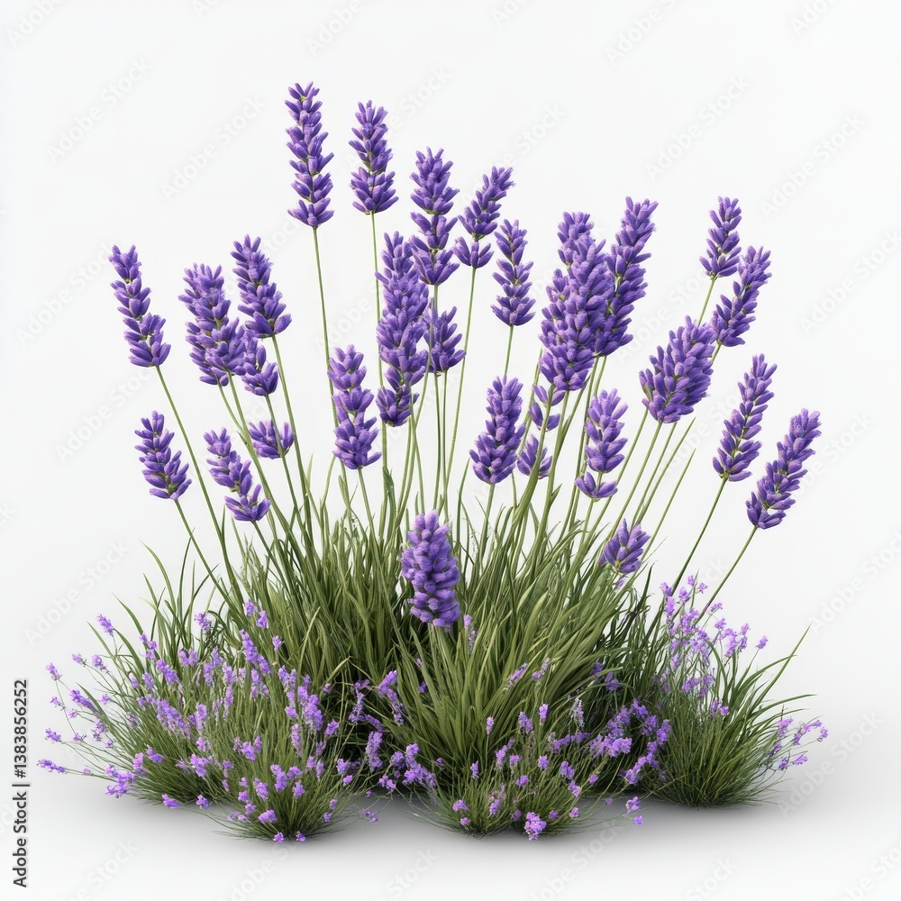 Obraz premium Lavender Bush in Full Bloom: Close-up of Purple Flowers and Green Stems Against a Clean White Background.