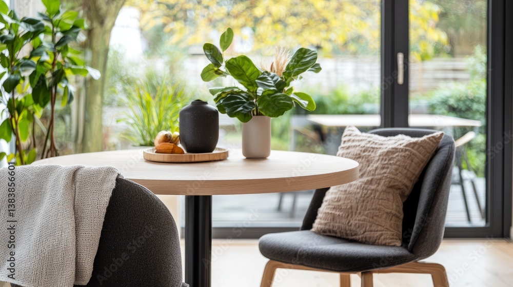 Fototapeta premium Cozy Modern Dining Space with Natural Elements and Soft Textures