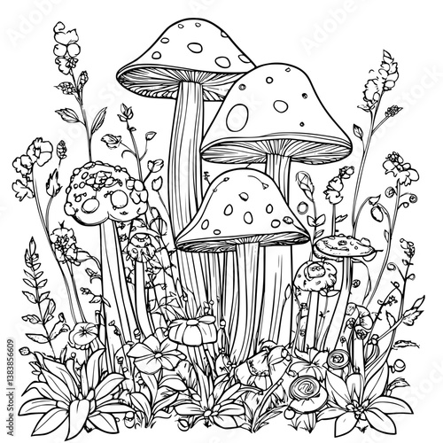 Toadstool coloring book vector art, Toadstool illustration art