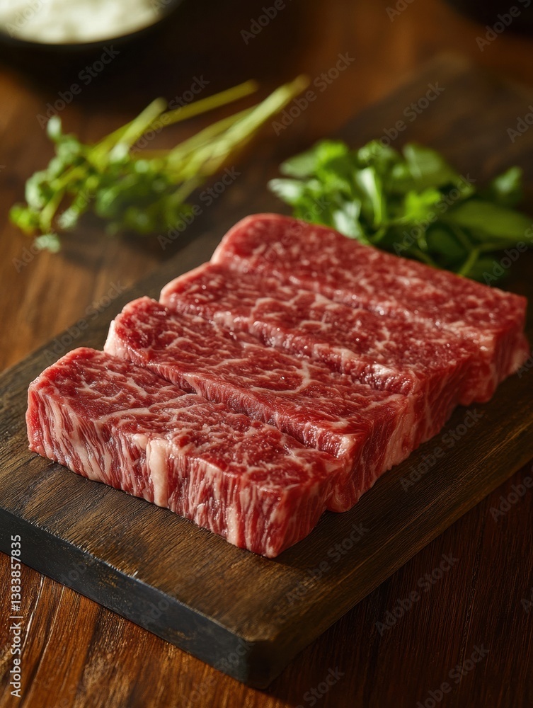 Fresh marbled steak garnished with herbs on a rustic wooden cutting board under dramatic lighting Fresh marbled steak garnished with herbs on a rustic wooden cutting board under dramatic lighting