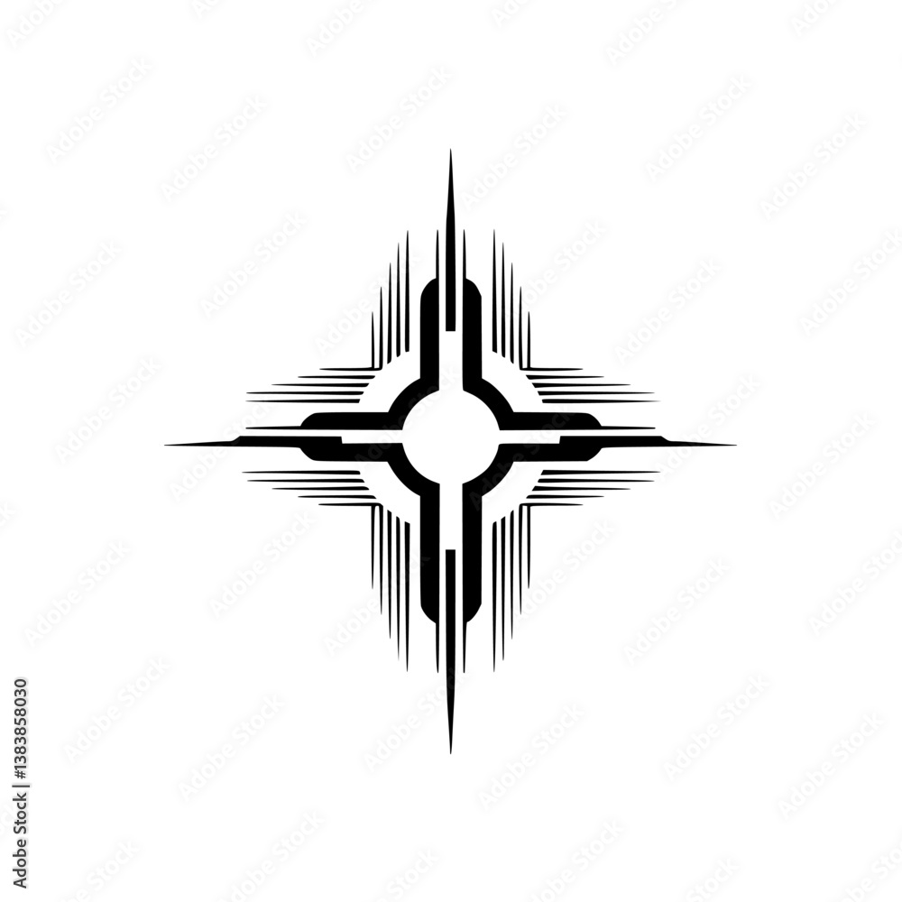 Geometric Sun Symbol: Minimalist Black and White Design on White Geometric Sun Symbol: Minimalist Black and White Design on White