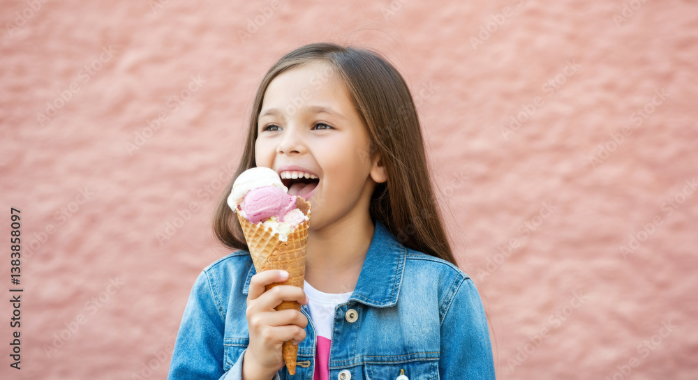 Fototapeta premium Asian young girl enjoying ice cream cone against pink wall in denim jacket