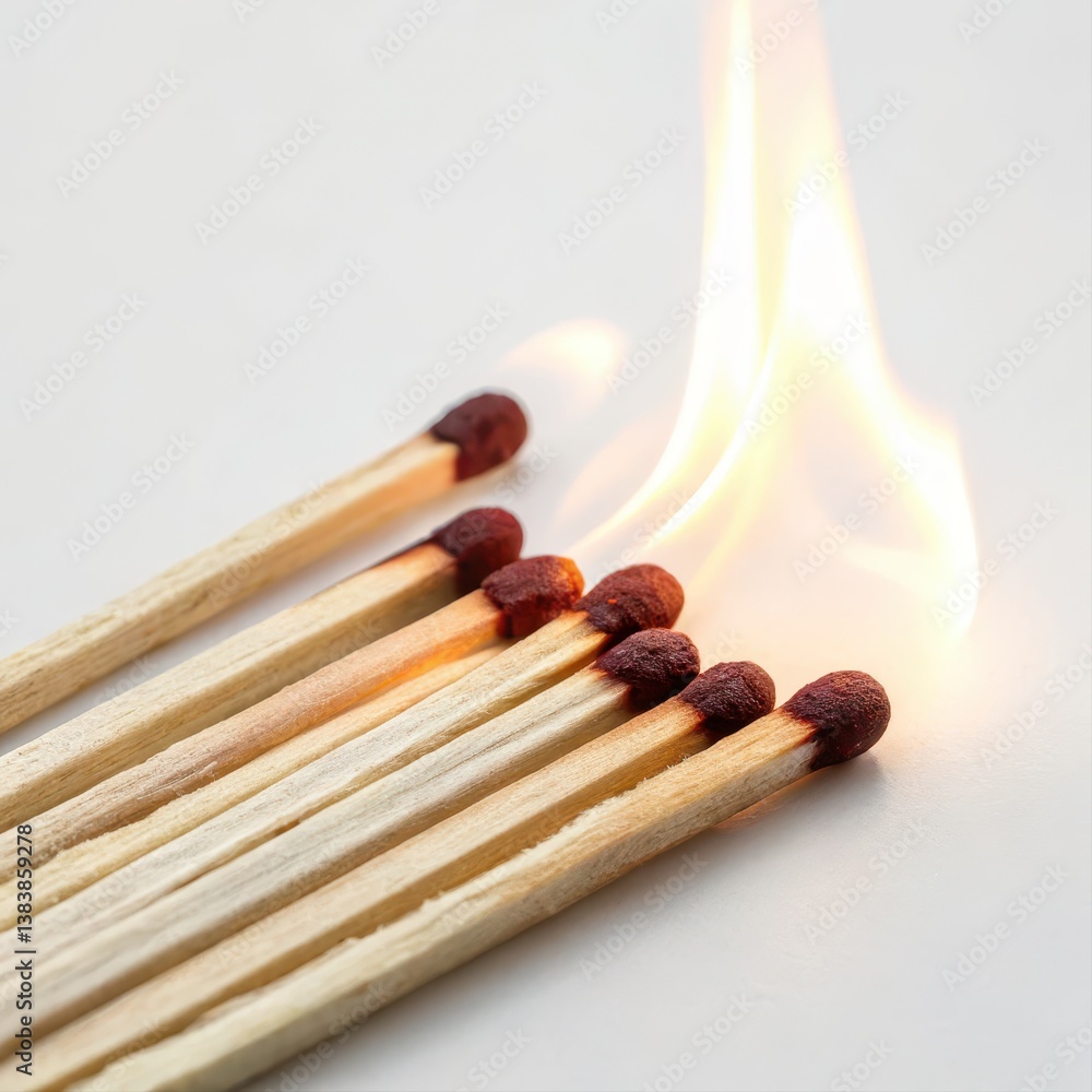 Matches igniting with flames in a dynamic close-up shot. Matches igniting with flames in a dynamic close-up shot.