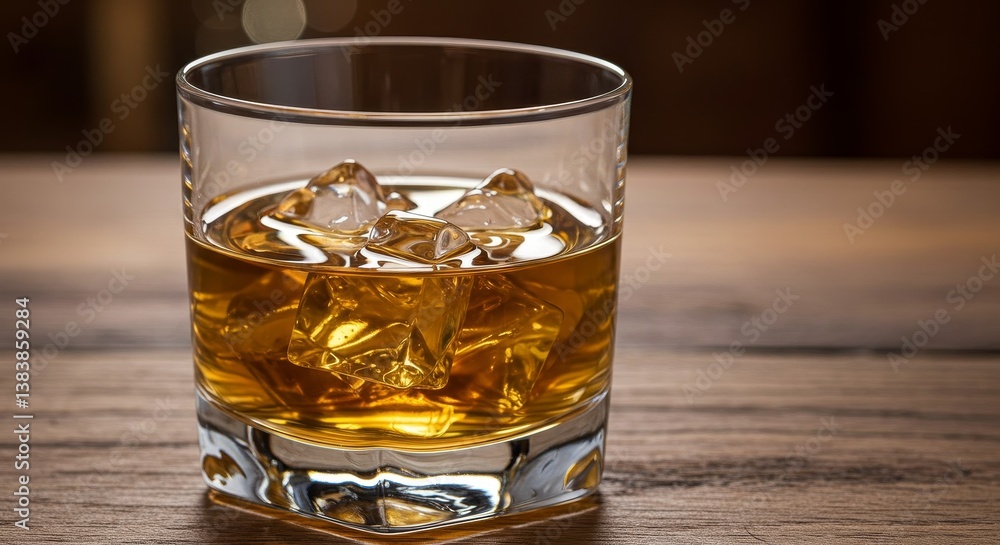 Golden Hour Whiskey on the Rocks - A close-up shot of whiskey on the rocks in a rocks glass, sitting on a rustic wooden surface. The amber liquid is inviting and the ice cubes are visible Golden Hour Whiskey on the Rocks - A close-up shot of whiskey on the rocks in a rocks glass, sitting on a rustic wooden surface. The amber liquid is inviting and the ice cubes are visible