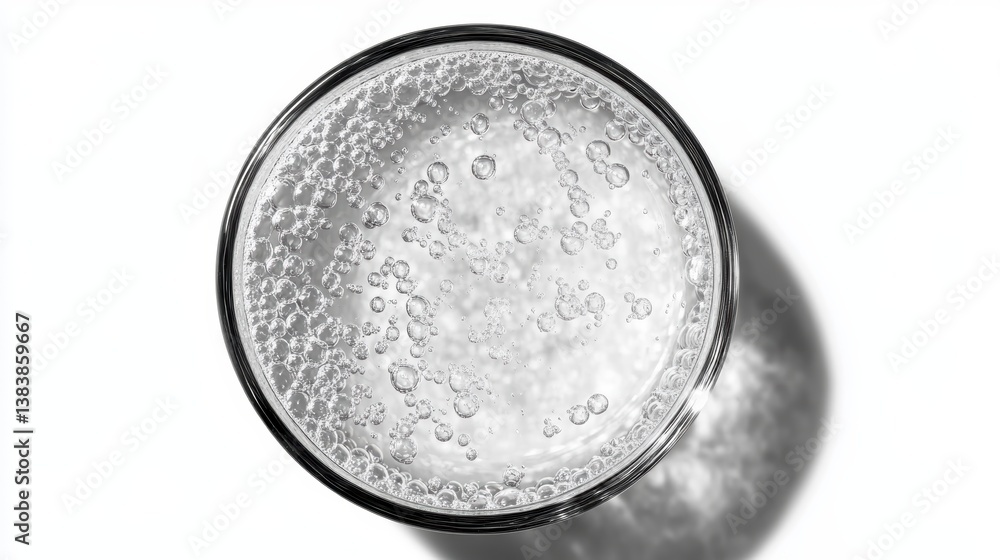 Top view of a glass filled with sparkling water, bubbles rising to the surface. Top view of a glass filled with sparkling water, bubbles rising to the surface.