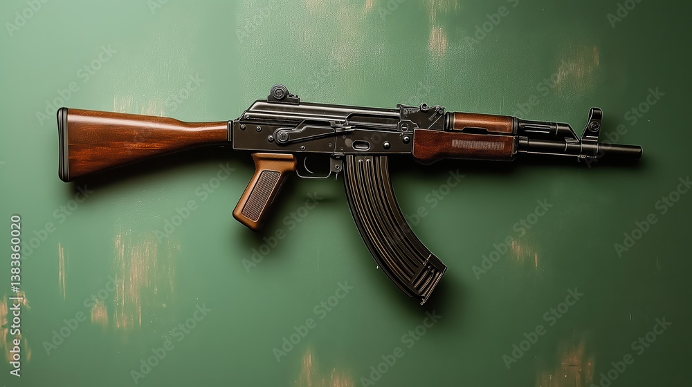 Fototapeta premium Ak 47 mounted on a green wall. Beautiful background. Military concept․