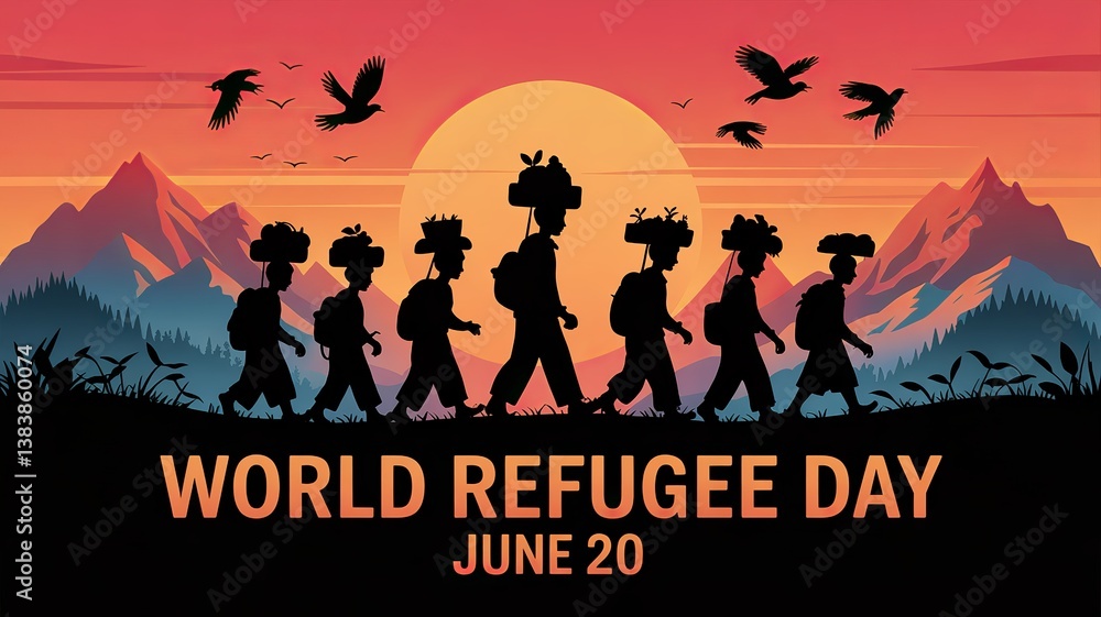 Fototapeta premium Silhouetted Figures Highlighting World Refugee Day at Sunset