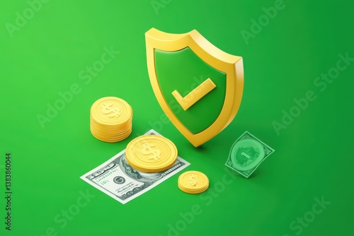 Vibrant 3D Financial Security Icons with Shield and Checkmark for Wealth Management Concept