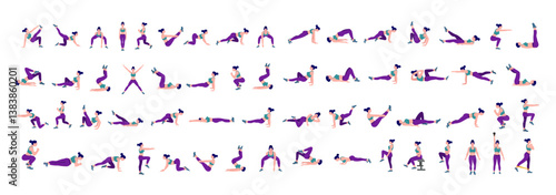 Workout girl set. Woman doing fitness and yoga exercises. Lunges and squats, plank and abc. Full body workout