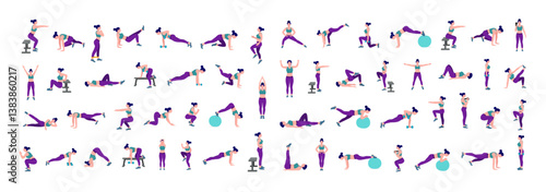 Workout girl set. Woman doing fitness and yoga exercises. Lunges and squats, plank and abc. Full body workout
