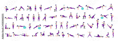 Workout girl set. Woman doing fitness and yoga exercises. Lunges and squats, plank and abc. Full body workout