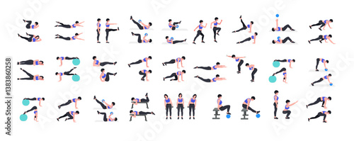 Workout girl set. Woman doing fitness and yoga exercises. Lunges and squats, plank and abc. Full body workout
