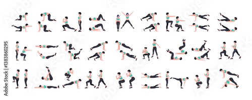 Workout girl set. Woman doing fitness and yoga exercises. Lunges and squats, plank and abc. Full body workout