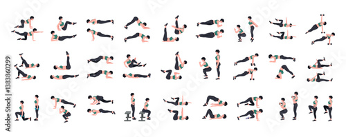 Workout girl set. Woman doing fitness and yoga exercises. Lunges and squats, plank and abc. Full body workout