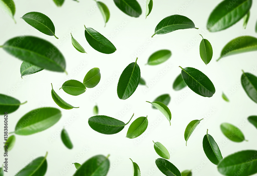 Naklejka premium Floating Green Leaves on Light Green Background - Nature-Inspired Design Concept