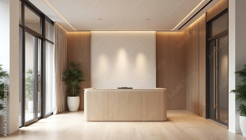 Fototapeta premium Luxury contemporary lobby area interior design. White wood style. Reception desk, bright lights, plants. Modern office, hotel or spa entrance. Clean design, welcome atmosphere.