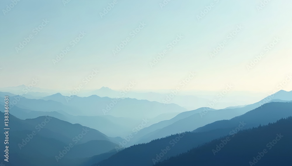 Obraz premium Panoramic view of mountain range with clear blue sky. Hazy silhouettes of peaks creating majestic, serene landscape. Peaks fading in distance. Peaceful nature environment. Ideal for tourism, travel,