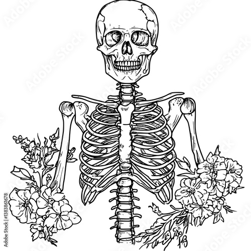 Full skeleton coloring book vector art, Full skeleton vector graphic