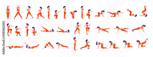 Workout girl set. Woman doing fitness and yoga exercises. Lunges and squats, plank and abc. Full body workout