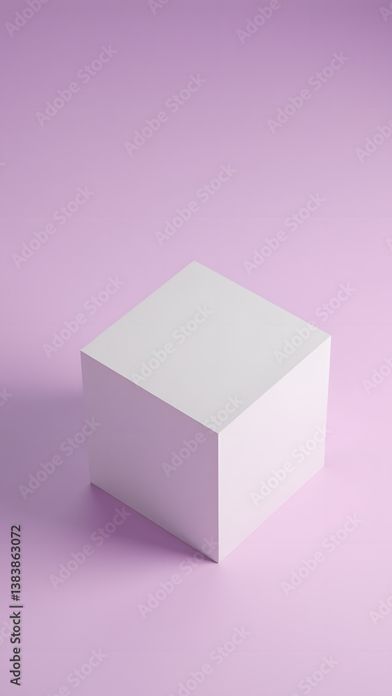 Fototapeta premium White cube floats on purple-pink gradient with optical effects highlighting geometric purity.