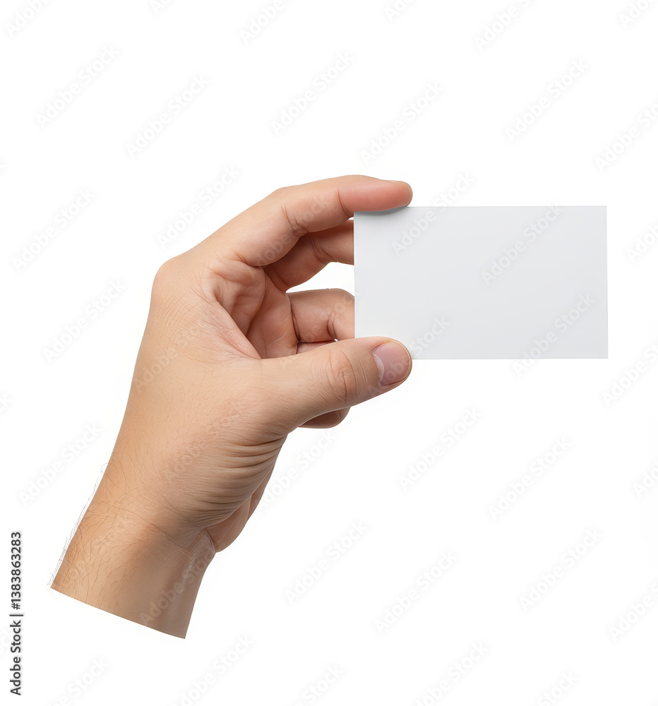Obraz premium Hand Holding Blank Business Card - Close-up of a hand holding a blank white business card against a white background. Perfect for mockups