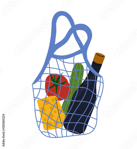 Shopping net bag with wine, cheese, tomato and cucumber. Hand drawn illustration of string bag with grocery in modern style.