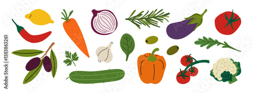 Set of fresh vegetables and greens. Food ingredients for cooking. Vector illustration of healthy food isolated on white background.